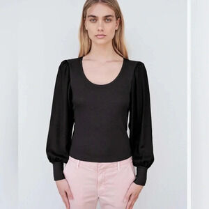 SUNDRY black long sleeve mixed media scoop neck top.